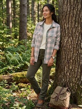 Roots Women's Pink Gray Buffalo Check Plaid Flannel Shirt Double Pocket Large